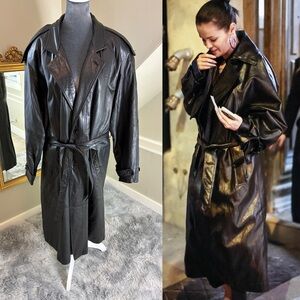 Vintage 90s Black Belted Leather Coat Trench Removable Thermolite Lining